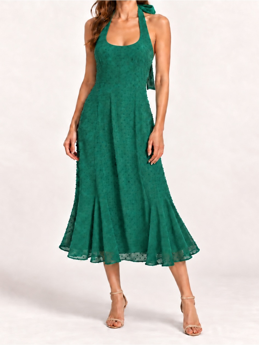Lulus Emerald Green Swiss Dot Halter Midi Dress Size Medium